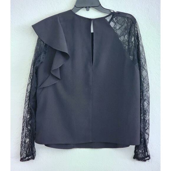 TOP/BLOUSE-GUESS-Black-Front Ruffle-Long Lace Sleeves-Pullover-Size LRG - Picture 2 of 13